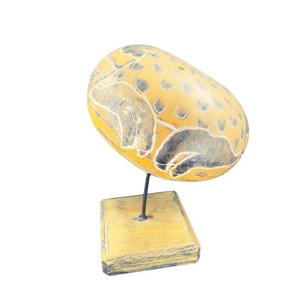 Peruvian Hand Carved Gourd On Wood Stand Leoncio Veli Peru Hand Made Sculpture - Picture 1 of 16